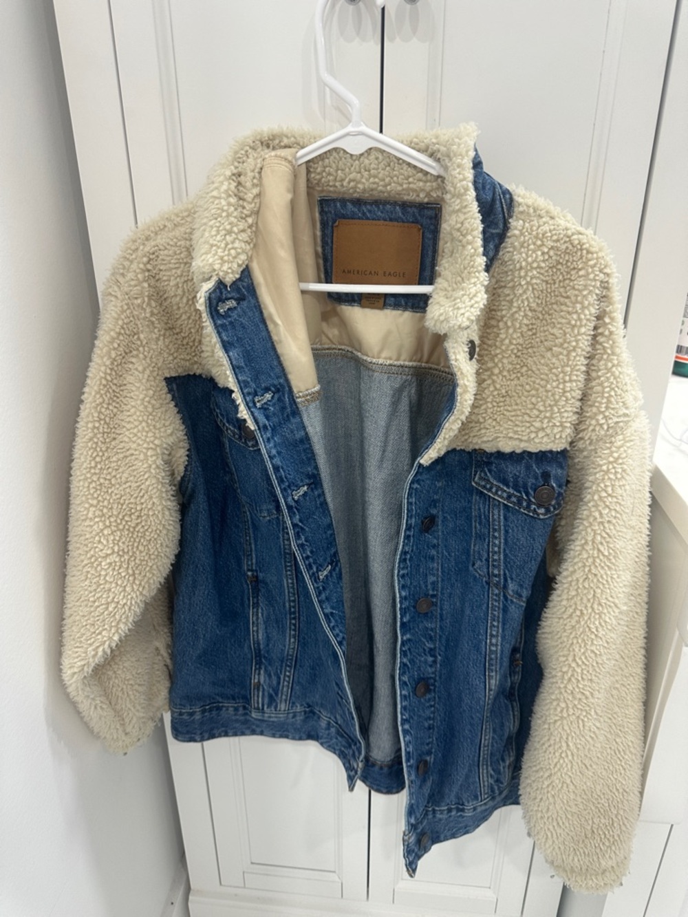 American Eagle Sherpa Denim Jacket - Cream & Blue